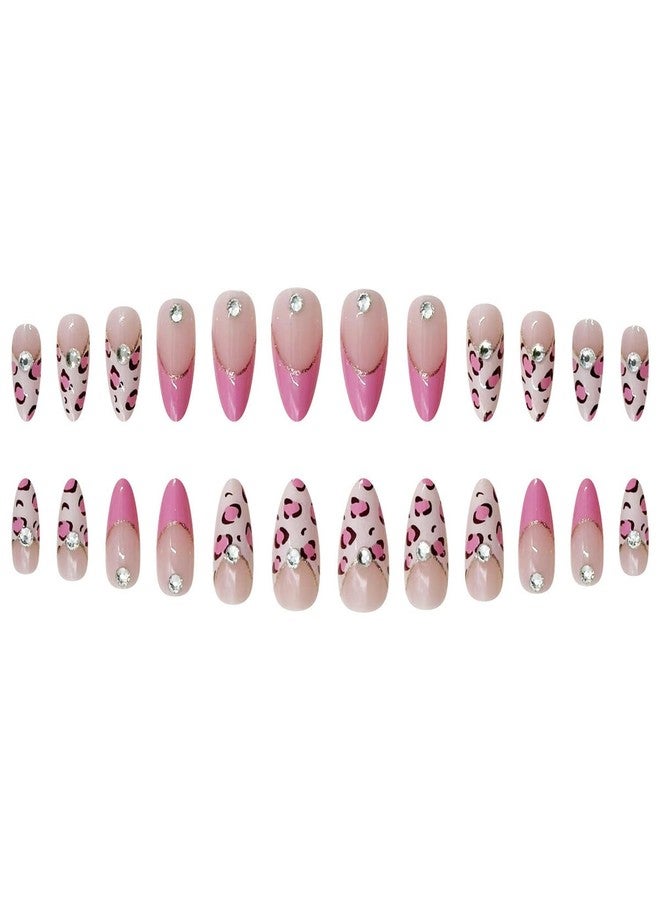 GRITOSE Pink Press on Nails Almond Fake Nails Leopard Print French Tip Press ones with designs Rhinestones Acrylic Nails Gold Glitter Artificial Nails Full Cover Glue on Nails for Women Manicure24pcs - Image 4
